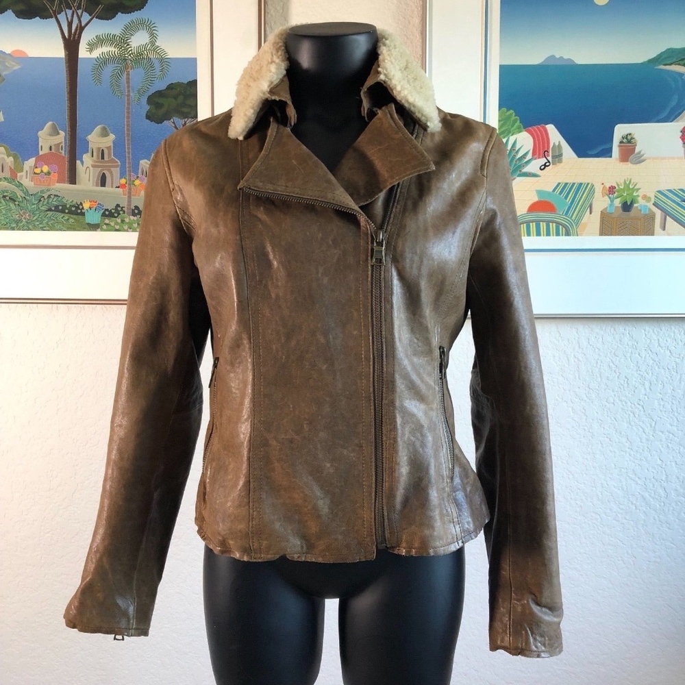 Banana Republic Distressed Tan Leather Moto PS